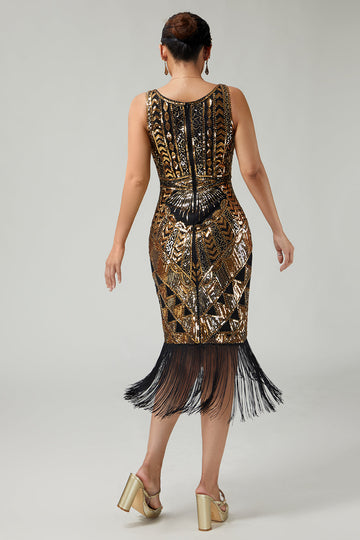 Black Golden Sequin Bodycon Fringed 1920s Dress With 5-Piece Accessories Set